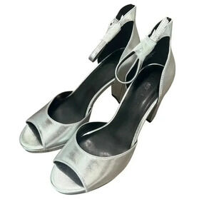 NEW Anne Klein Vista Chunky Platform Sandal Heels Silver Peeptoe Size 7.5
